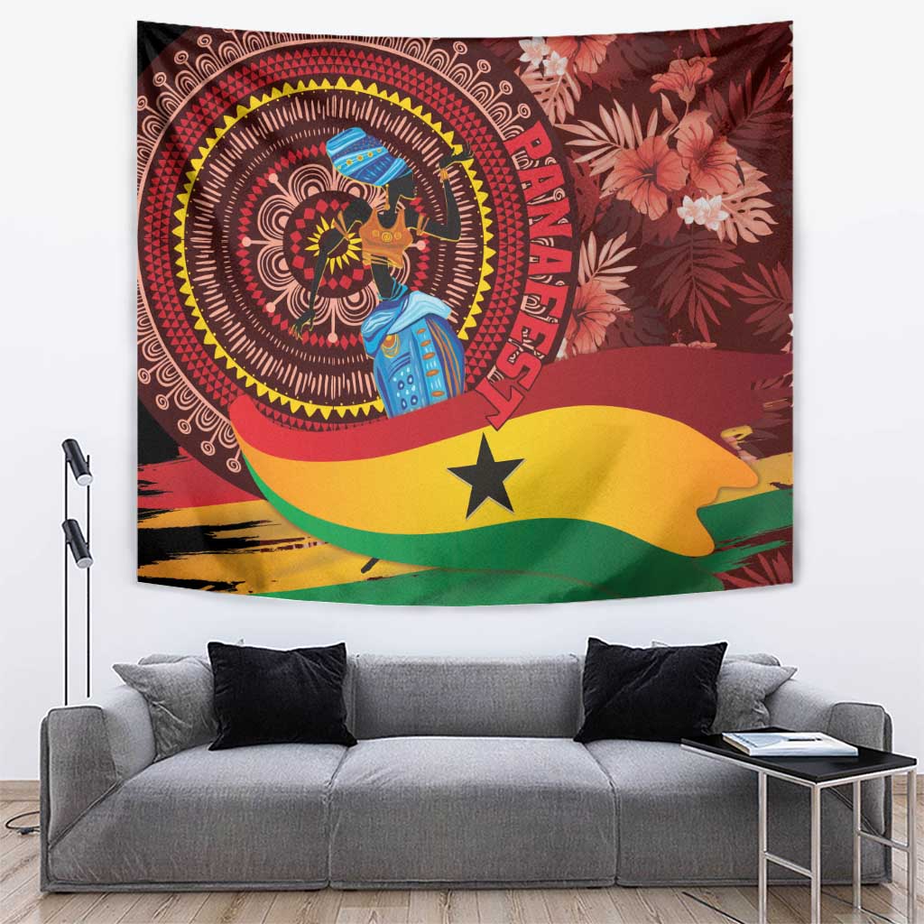 Red Ghana tapestry wall hanging with circular portrait figure and tropical flower pattern