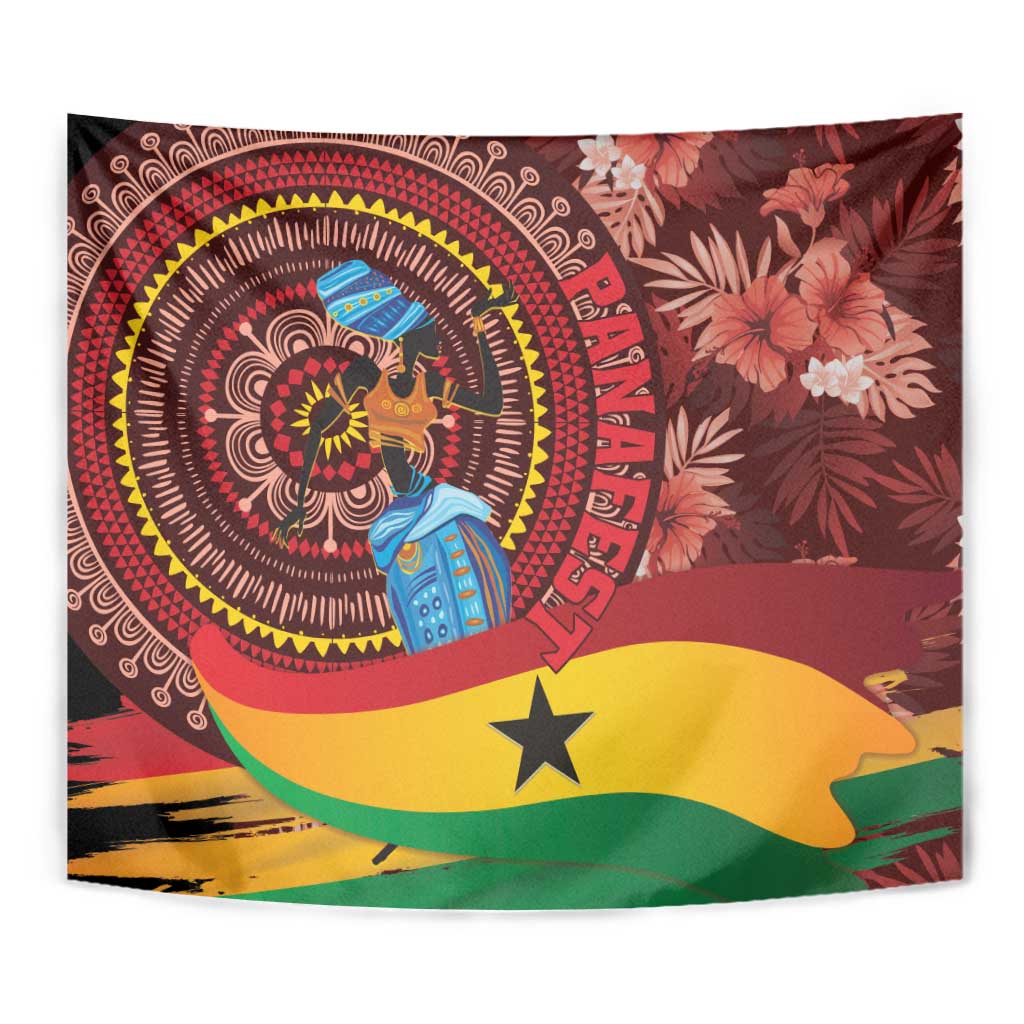 Red Ghana tapestry wall hanging close-up with circular portrait, black star, and tropical leaves