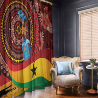 Red tropical African window curtain pair with circular woman print, leaves, and star accents