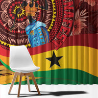 Red tropical African window curtain with circular dancer motif, floral side panels, and star