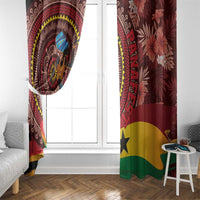 Red tropical African window curtain pair with circular dancer print and floral pattern panels