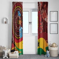Red tropical African window curtain pair with dancer circle, floral leaves, and black star