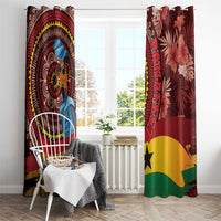 Red tropical African window curtain pair with circular dancer design and floral leaf panel