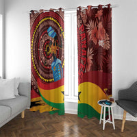 Red tropical African window curtain pair hanging by window, dancer circle and leaf floral print