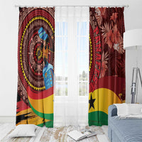 Red tropical African window curtain pair with grommet-style top, circular dancer and floral side