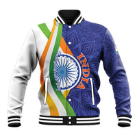 Unisex blue baseball jacket with India emblem, tricolor diagonal stripe, ribbed collar