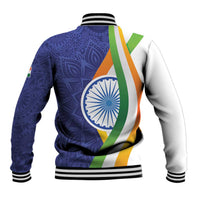 Unisex blue baseball jacket back with India emblem and tricolor diagonal stripe, ribbed hem