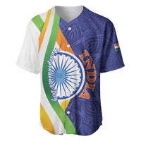 Blue and white baseball jersey with tricolor stripes and wheel mandala graphic