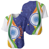 Blue and white baseball jersey with wheel graphics and tricolor diagonal panels