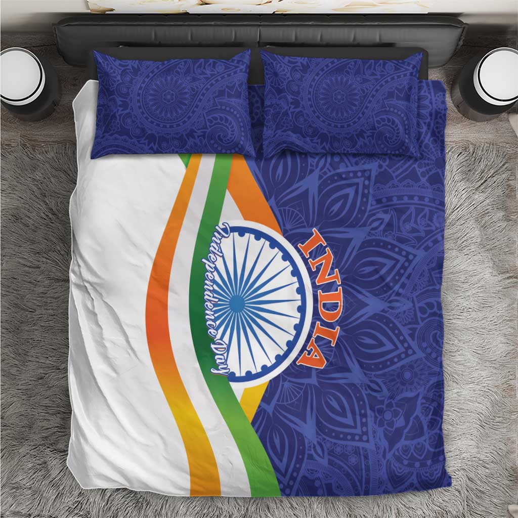 India-themed bedding set: blue paisley duvet, white stripe panel with Ashoka emblem, 2 pillow shams