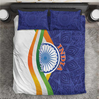 India-themed bedding set: blue paisley duvet, white stripe panel with Ashoka emblem, 2 pillow shams