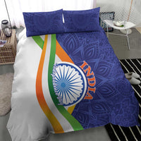 India-themed duvet and pillow set: blue paisley pattern with tricolor stripe panel and Ashoka emblem