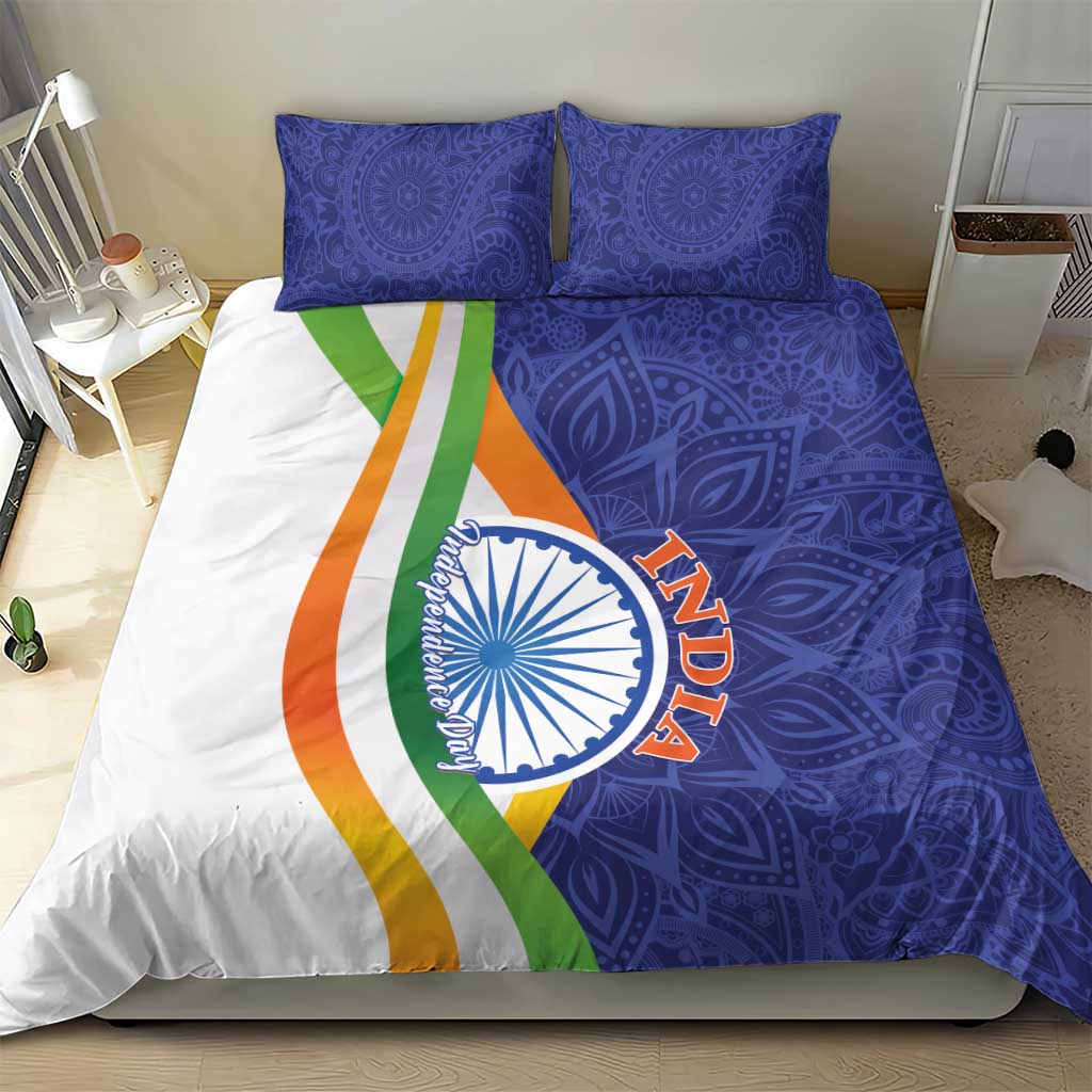 India-themed bedding set: blue paisley duvet with white tricolor stripe and Ashoka emblem, 2 shams