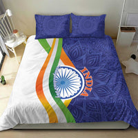 India-themed bedding set: blue paisley duvet with white tricolor stripe and Ashoka emblem, 2 shams