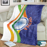India motif throw blanket in white, orange, green, and blue with circular emblem