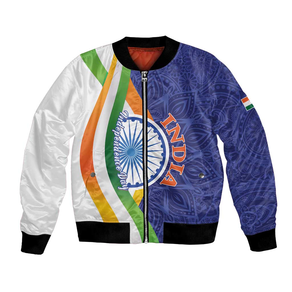 Unisex bomber jacket, blue mandala print, front zipper, multicolor flag stripes, rib cuffs