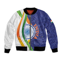 Unisex bomber jacket, blue mandala print, front zipper, multicolor flag stripes, rib cuffs