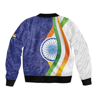 Unisex bomber jacket back, blue paisley mandala, centered emblem, multicolor flag stripes, rib hem