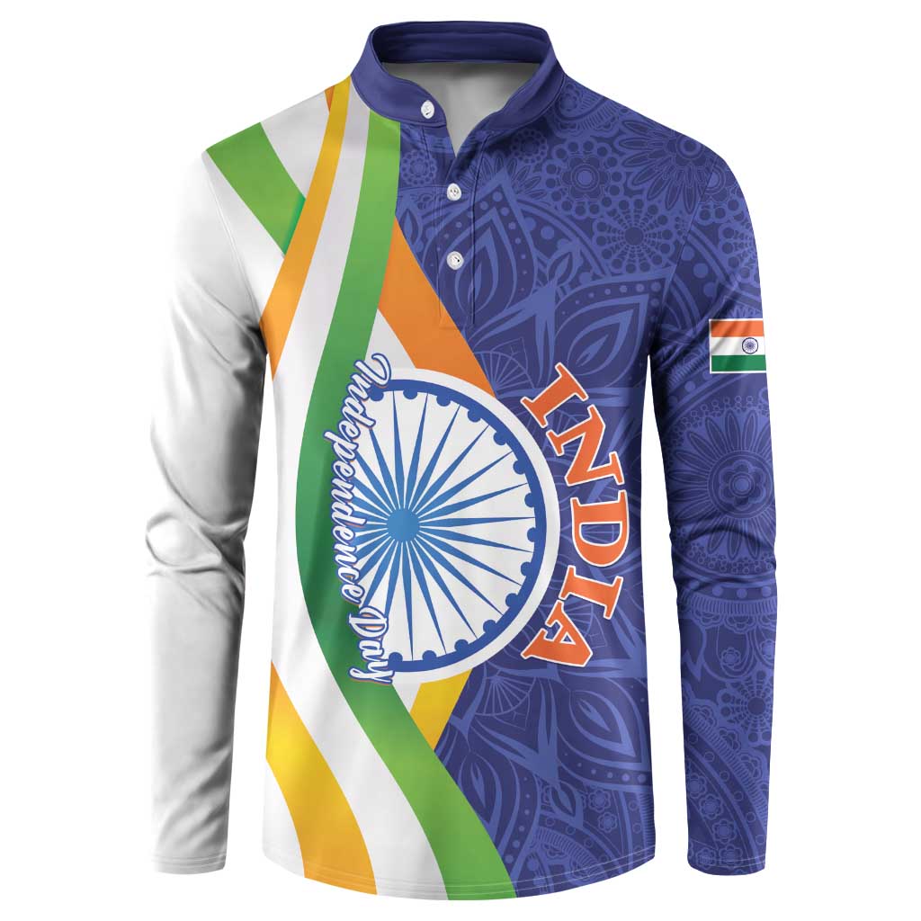 Colorful button henley sweatshirt, blue paisley print with Indian flag stripes and emblem