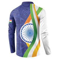 Colorful button henley sweatshirt, blue paisley back with white emblem and tricolor stripes