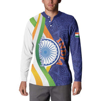 Men's button henley sweatshirt with blue paisley front, tricolor sash, circular emblem