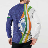 Men's button henley sweatshirt back, blue paisley with circular emblem and tricolor sash