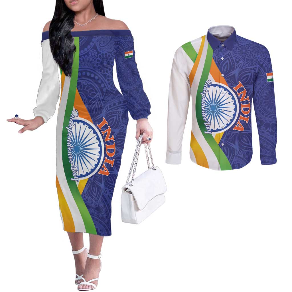 India Independence Day Couples Matching Off The Shoulder Long Sleeve Dress and Long Sleeve Button Shirt Mandala Paisley Floral