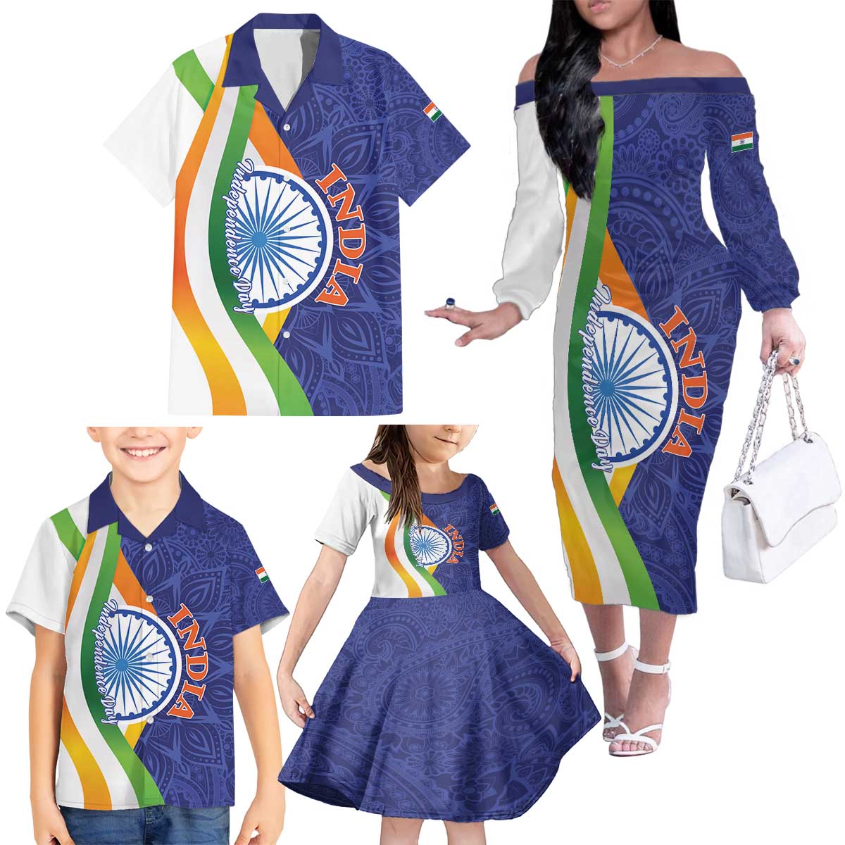 India Independence Day Family Matching Off The Shoulder Long Sleeve Dress and Hawaiian Shirt Mandala Paisley Floral - Wonder Print Shop