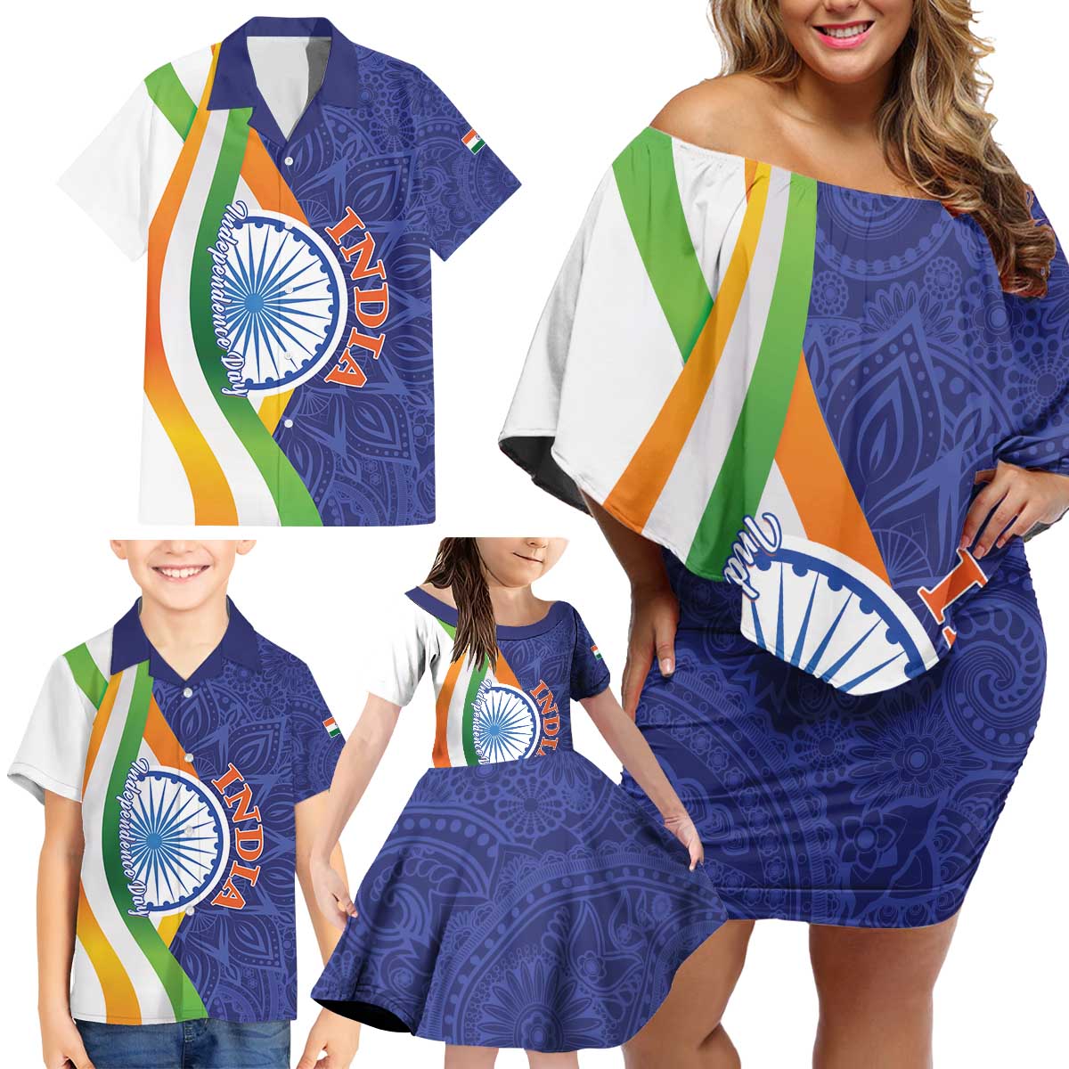 India Independence Day Family Matching Off Shoulder Short Dress and Hawaiian Shirt Mandala Paisley Floral - Wonder Print Shop