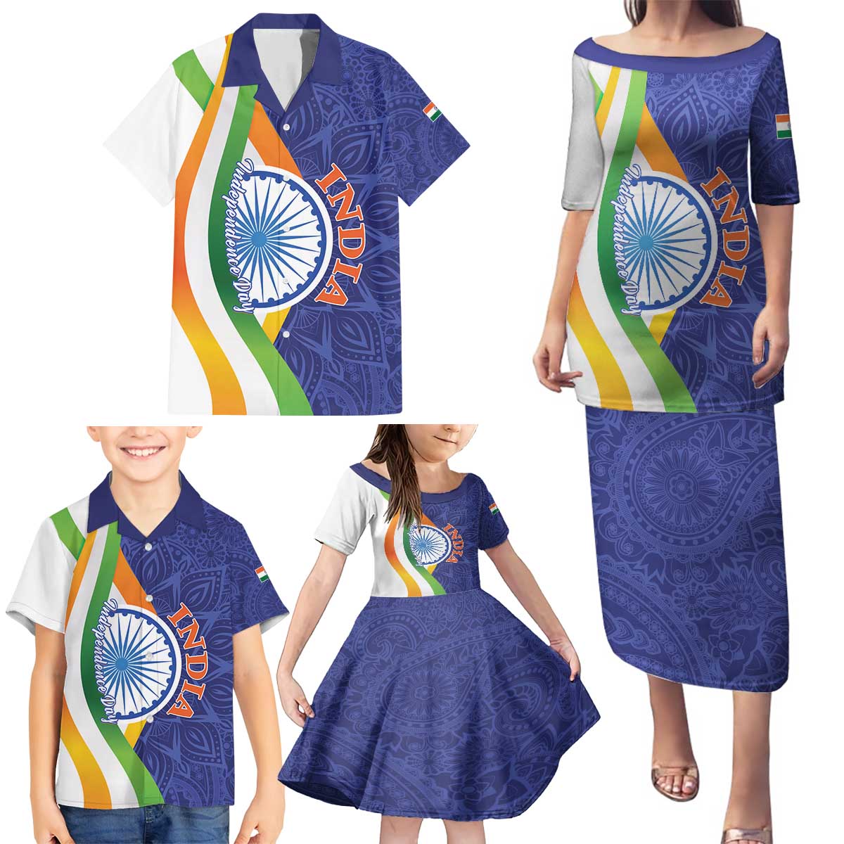 India Independence Day Family Matching Puletasi and Hawaiian Shirt Mandala Paisley Floral - Wonder Print Shop