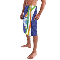 Men's wrap skirt with tricolor stripe and emblem panel over blue paisley
