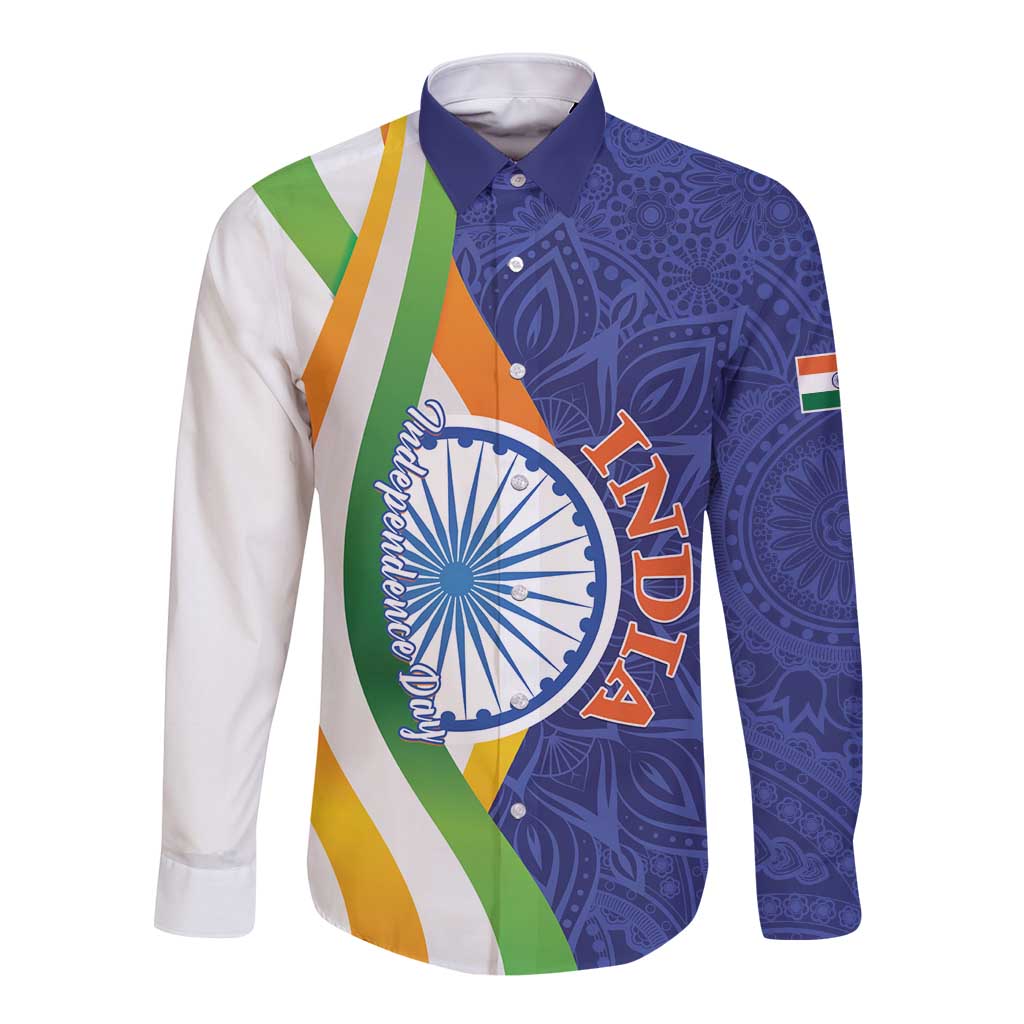 Long sleeve button shirt with navy paisley, white sleeves, tricolor diagonal stripes, emblem