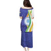 Long boat-neck dress, back view: deep blue mandala paisley with tricolor Ashoka-wheel motif