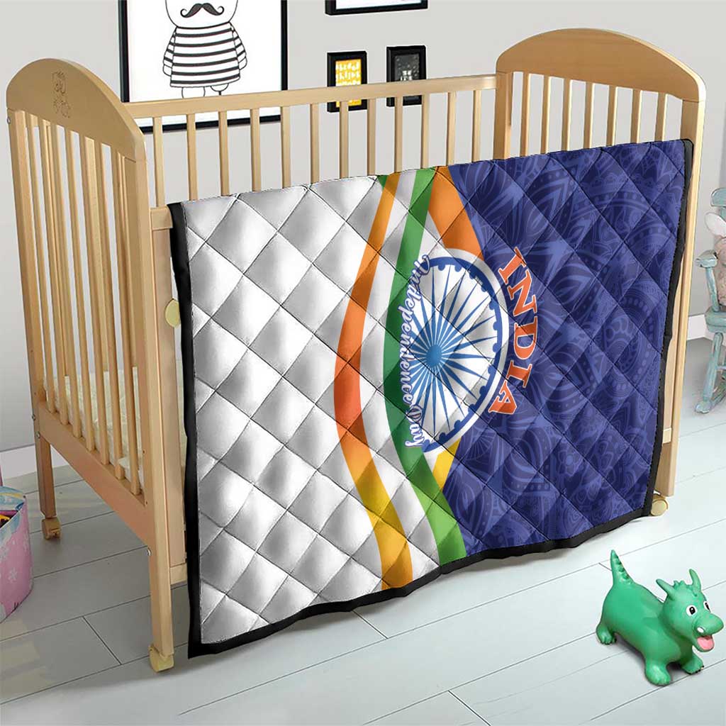 Quilt blanket for bed with diamond quilting, tricolor curve, circular emblem, white and navy panels