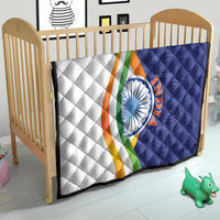 Quilt blanket for bed with diamond quilting, tricolor curve, circular emblem, white and navy panels