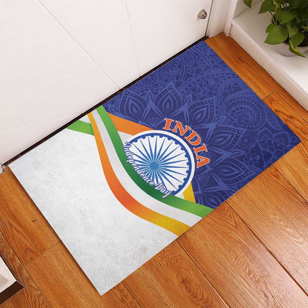 Rubber doormat with blue paisley and tricolor diagonal bands, 'INDIA' text and emblem