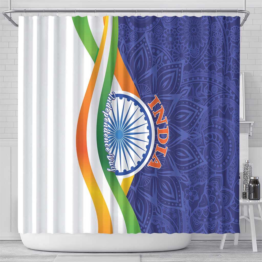 India-themed shower curtain showing white tricolor arc, Ashoka Chakra, and dark blue paisley.