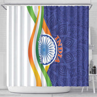 India-themed shower curtain showing white tricolor arc, Ashoka Chakra, and dark blue paisley.