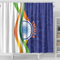 India-themed shower curtain with tricolor stripes, central Ashoka Chakra, and blue paisley border.