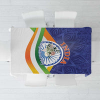 Blue paisley mandala tablecloth with tricolor stripe and circular emblem design