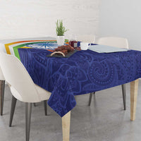 Blue paisley mandala tablecloth with tricolor stripe and edge drop folds