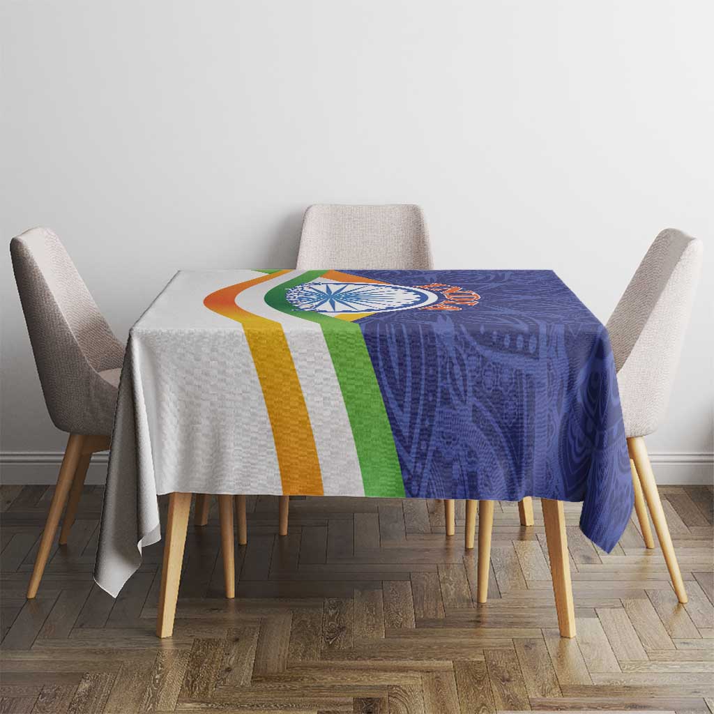 Blue paisley mandala tablecloth on dining table with tricolor corner stripe