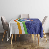 Blue paisley mandala tablecloth on dining table with tricolor corner stripe