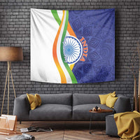 India Independence Day tapestry with blue mandala, tricolor stripes, and India emblem