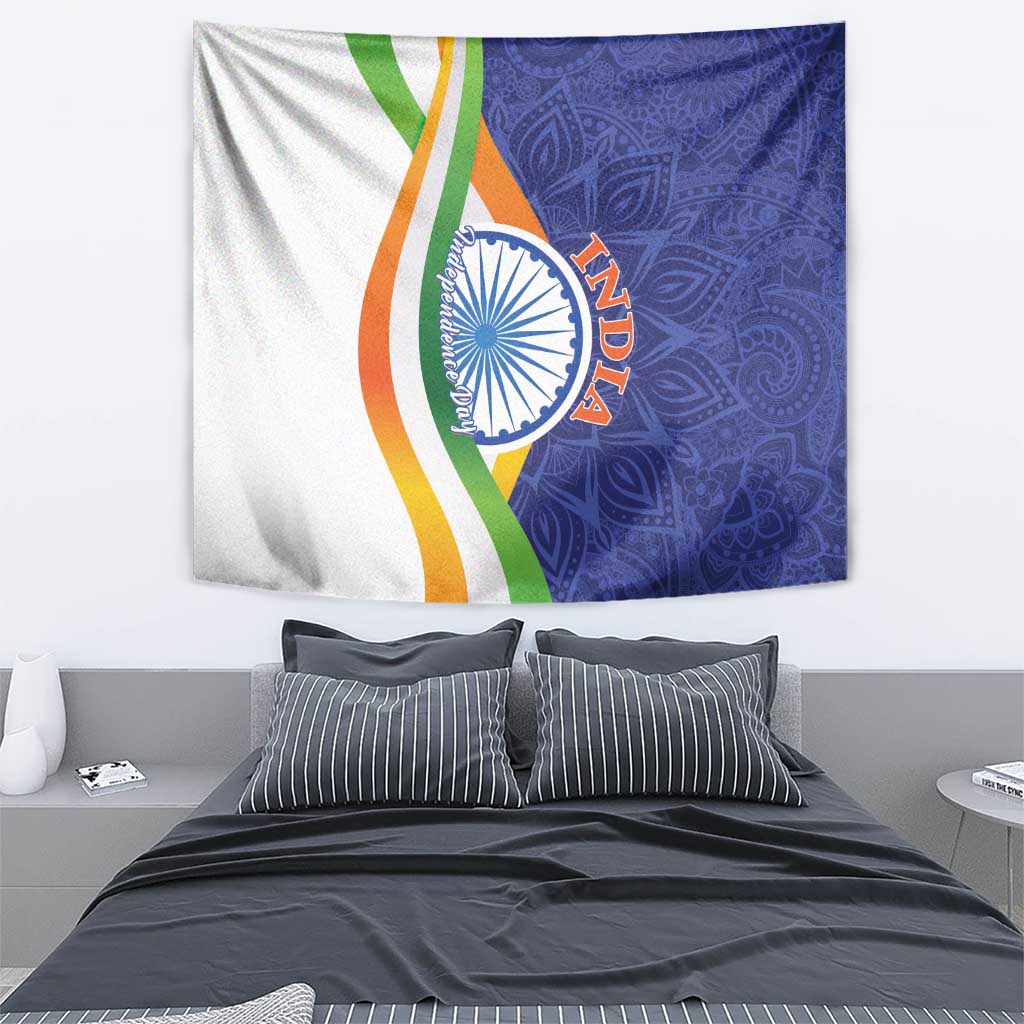India Independence Day tapestry featuring a blue mandala print and tricolor ribbon stripes