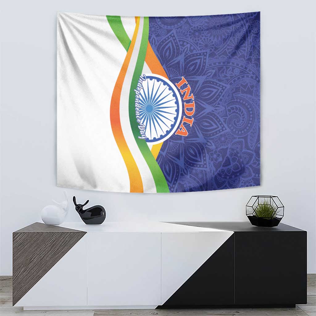 India Independence Day tapestry with blue patterned mandala, tricolor stripes, and India seal