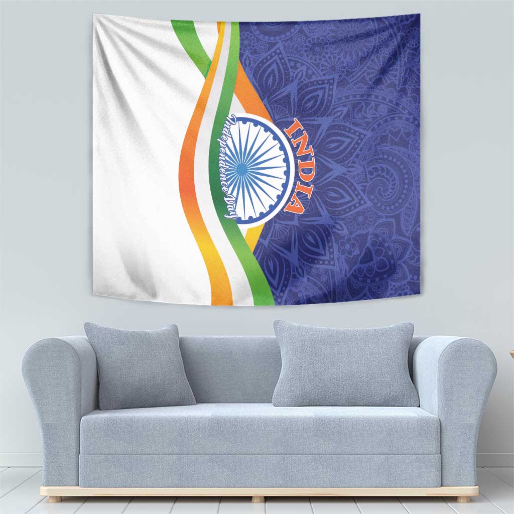 India Independence Day tapestry with bold blue mandala design and tricolor curved bands