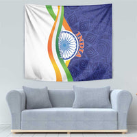 India Independence Day tapestry with bold blue mandala design and tricolor curved bands