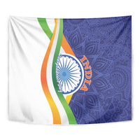 India Independence Day tapestry close view of blue mandala, tricolor stripes, and India logo
