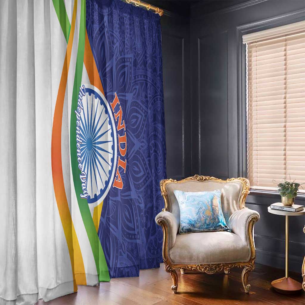 Hanging window curtain with blue mandala paisley floral and partial tricolor flag panel